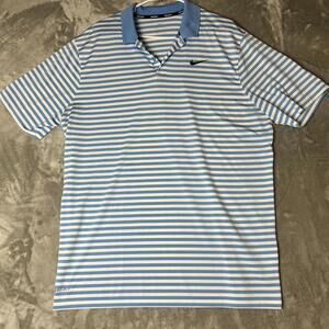 Nike Golf Polo Shirt Mens XL White Blue Striped Pique Performance Swoosh Dri FIT